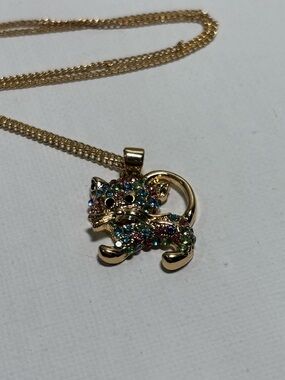 Gold-Tone Multicolor Crystal Cat Pendant Necklace - Women Jewelry